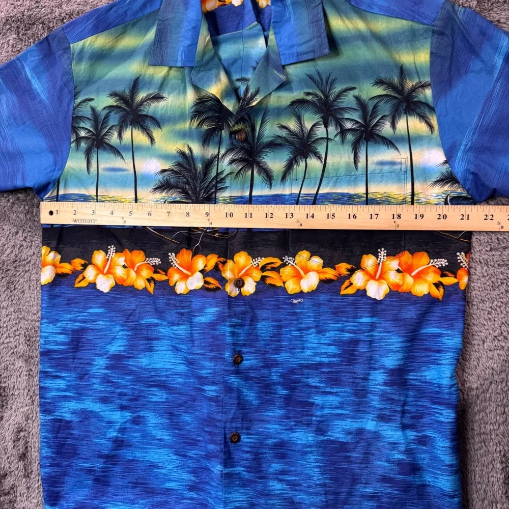 Winnie Fashion Mens L Hawaiian Shirt Blue Palm Tree Hibiscus Sunset Made Hawaii